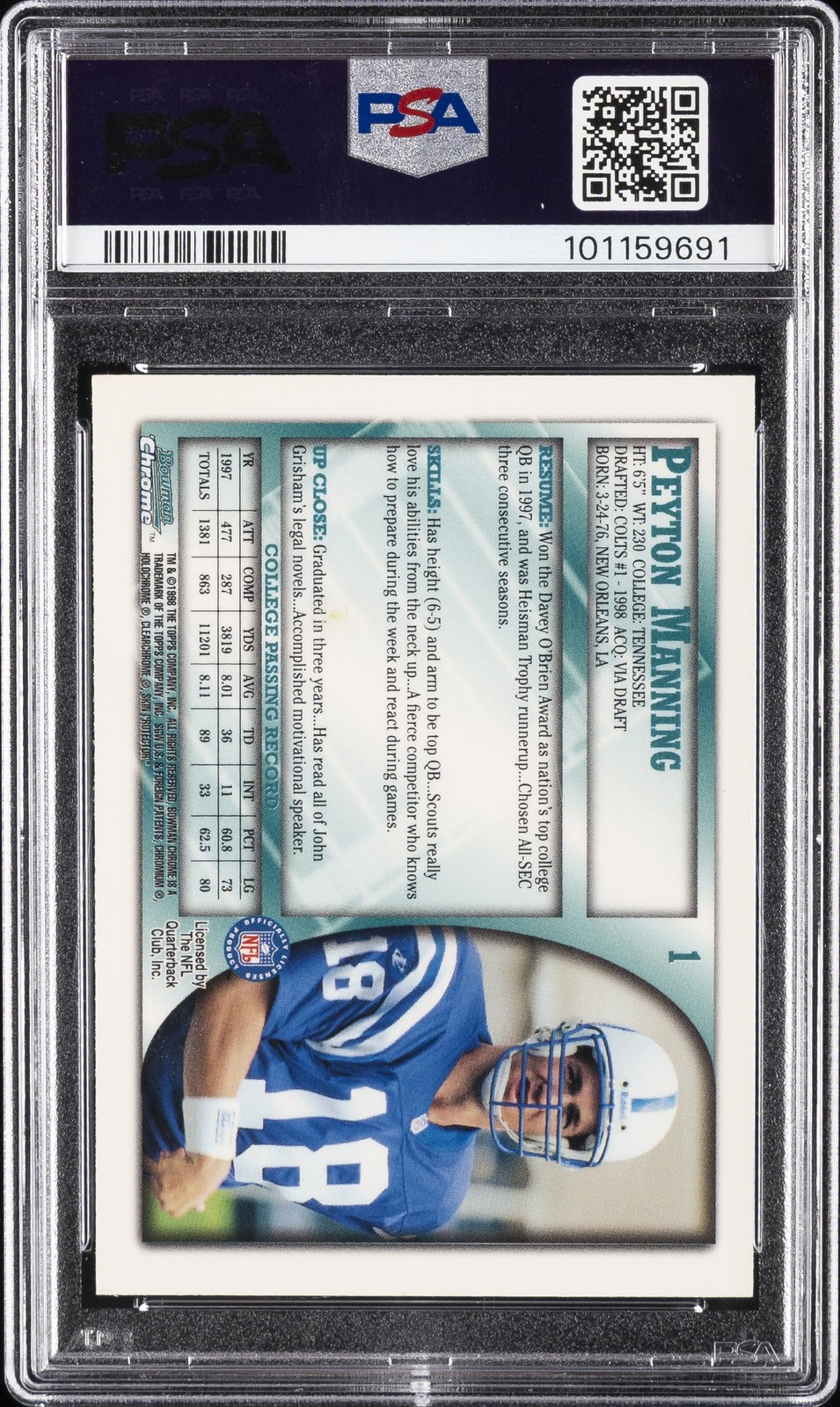 1998 BOWMAN CHROME #1 PEYTON MANNING ROOKIE RC PSA 8 view 2