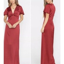 Mumu Weddings Maxi Dress Ruby Red Satin Twist Front Flutter Sleeve Gown Chic 90s