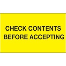 3x5'' - ''Check Contents Before Accepting'' (Fluorescent Yellow) Labels-500 / Roll