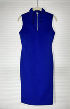 Calvin Klein Scuba Sheath Dress 4 Royal Blue Ruffle Collar Bodycon V Neck Zip