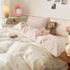 Striped Duvet Cover Full Size Pink Stripes Bow Bedding Set 3 Pcs Cotton Princ...