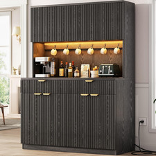 Fluted Kitchen Pantry Storage Cabinet with Charging Station/Led Light/Drawer/Doo