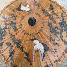 Vintage Japanese Paper Umbrella Parasol Rice Paper Oil Bamboo Painted Swans