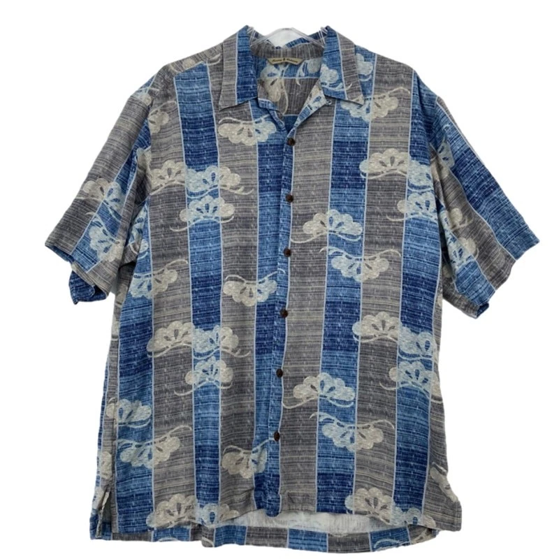 Tommy Bahama Silk Shirt Size L Blue Beige Hawaiian Floral Print Button Down