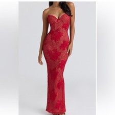 House of CB Lucienne Strapless Maxi Dress Red Lace Corset Gown Size Small