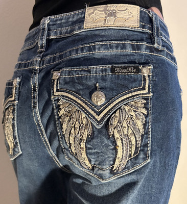 Size 32 MISS ME Straight Leg Jeans CONTRAST STITCHING Sequins RHINESTONES Wings