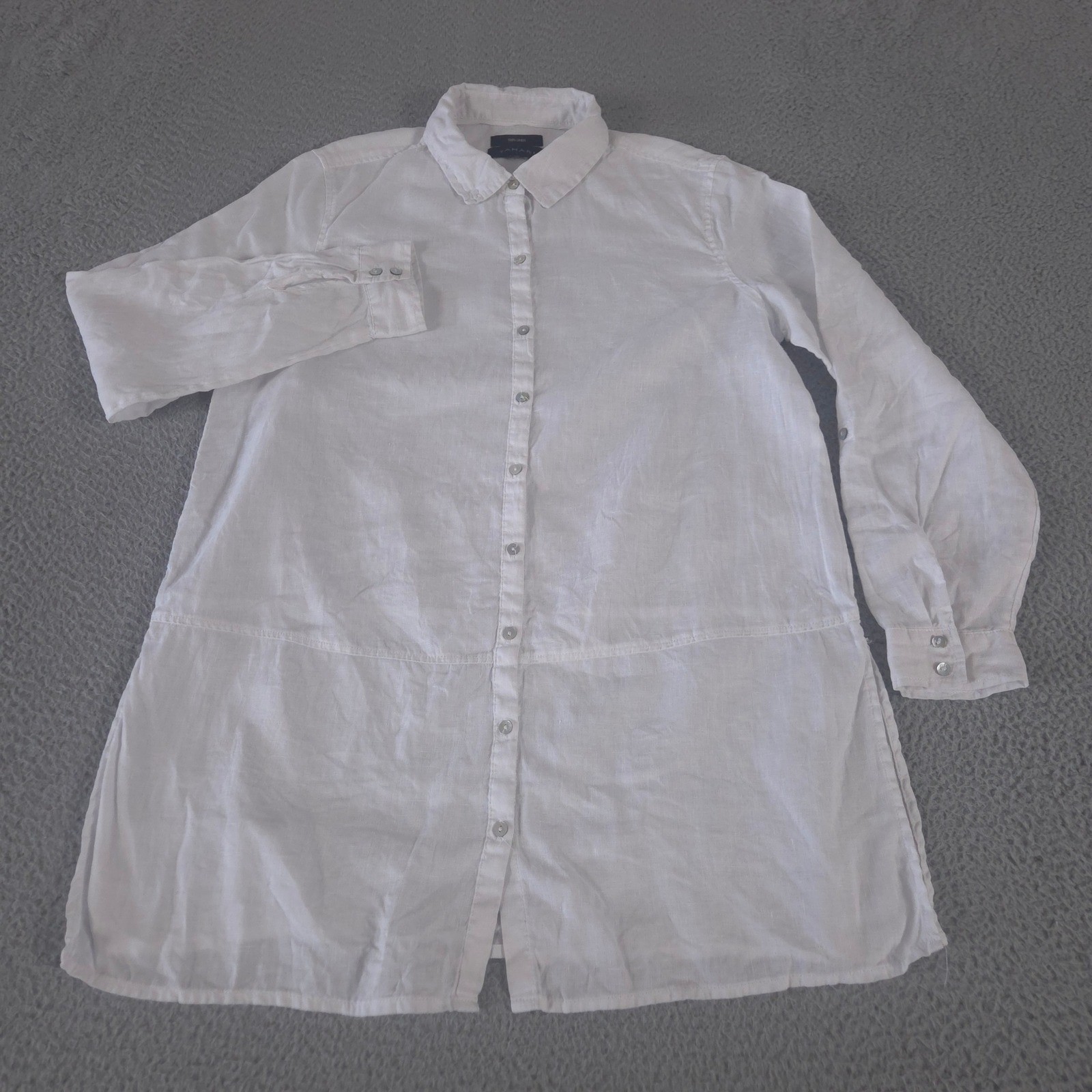 Tahari Shirt Womens L White 100% Linen Long Sleeve Tunic Button Down Office