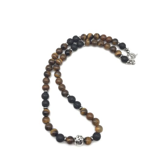 45cm 8mm MANS Natural Stainless Tiger Eye Lava Bead Necklace Steel Toggle - Picture 4 of 15