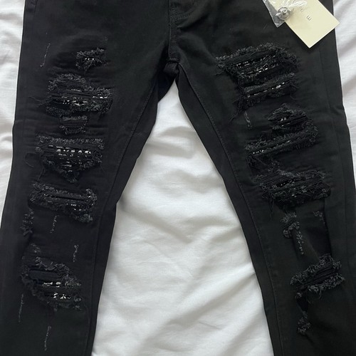 MNML Distressed Stretch Paisley Denim 28 X 33 Dark Wash Black Jeans - Picture 2 of 13