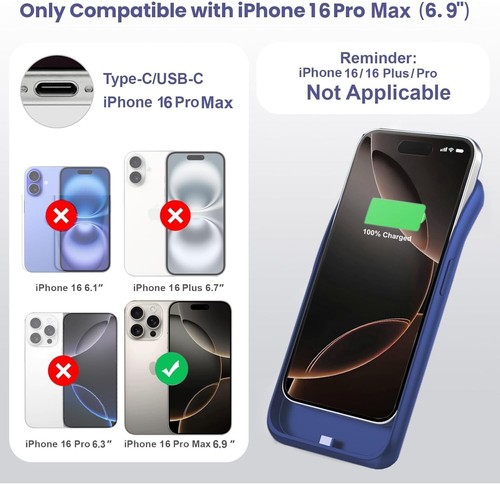 Feob Battery Case for iPhone 16 Pro Max 8600mah Ultra-Slim Portable Blue PBBox - Picture 6 of 7