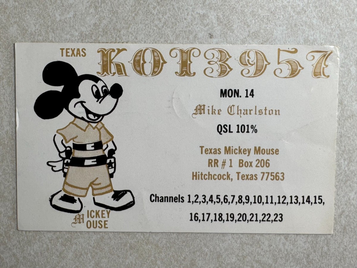 i 1047 Postcard QSL Card Texas Mickey Mouse, Hitchcock, Texas TX