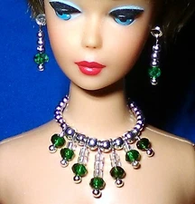 Dreamz GREEN Crystals SILVER & Bead  & ecklace & ERs Jewelry for 11.5" doll