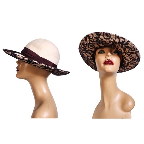 Whitall & Shon Derby Church Hat Beige White Floral Bow Netting Organza Roses Beige Ivory Big Brim Dress Hat Women, Haute Couture Hat  main image 3