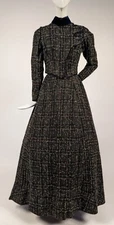UNUSUAL VICTORIAN 19TH C RAINBOW MULTICOLORED TWEED DRESS W VELVET TRIMS