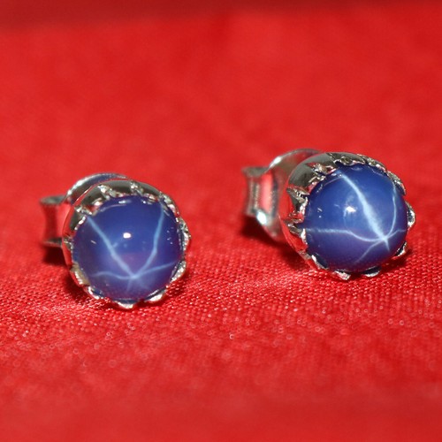 Aretes cabujón redondos estrella natural de 9 quilates con zafiro azul plata de ley 925 - Imagen 1 de 3