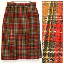 Vintage 50s 60s Red Brown Plaid Wool Straight Pencil Skirt Academia Preppy T10