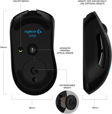 Logitech G703 Lightspeed Wireless Gaming Mouse W/Hero 25K Sensor