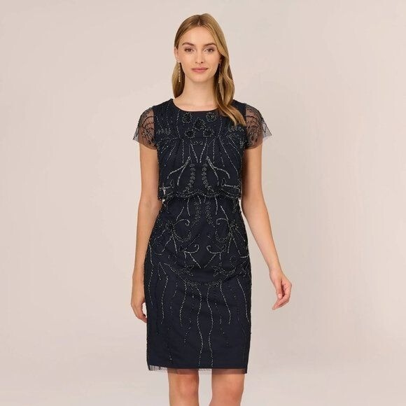 NWT Adrianna Papell Midnight Blue Short Sleeve Beaded Cocktail Dress SIZE 8  | eBay