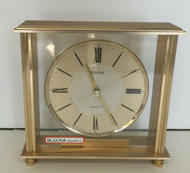 vintage bulova quartz square glass metal mantel shelf clock old analog