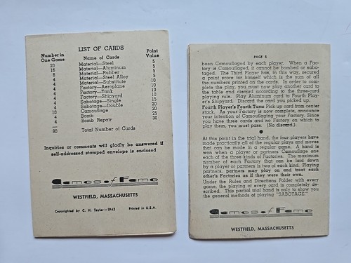 Vintage Sabotage A Card Game 1943 WWII Era Complete In Original Box With Rules - Picture 8 of 8