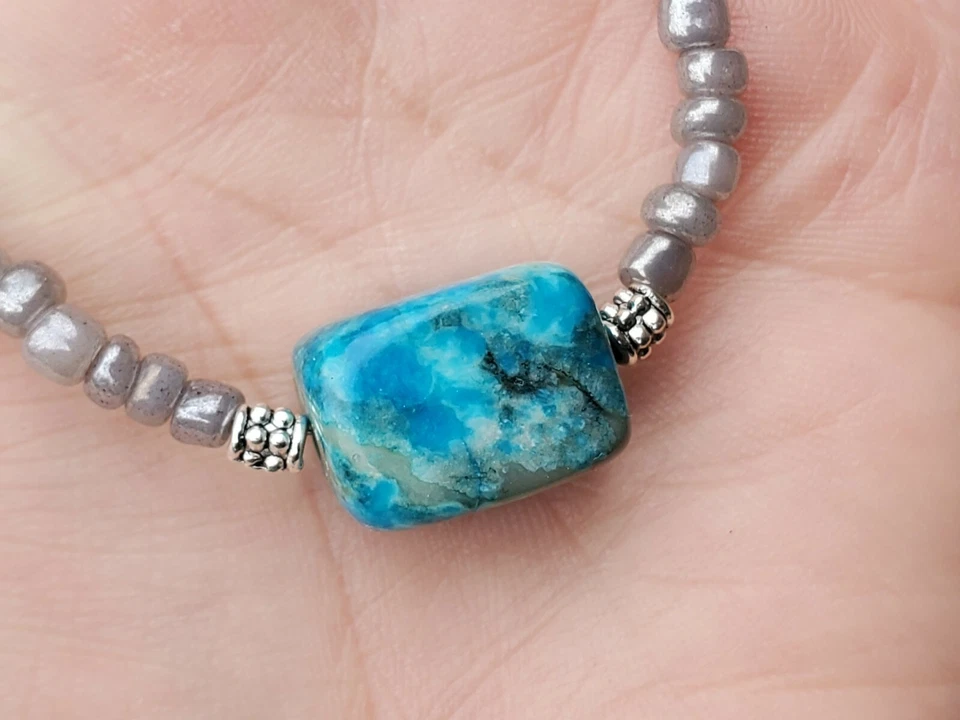 Gargantilla Collar Hippie Boho Cuentas Jaspe Aqua, Turquesa, Gris - Regalo de Moda Foto 4 de 4