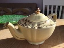Rare Yellow SADLER England Large Oval Shape TEAPOT Heavy Gilt Leaves & Trim
