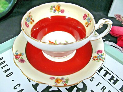 Foley tea cup and saucer floral orange band teacup Tulip & roses England 1940s