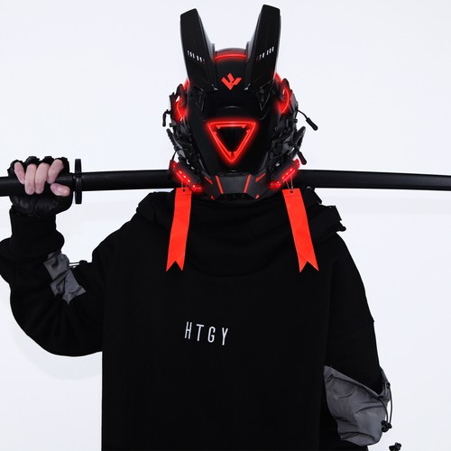 Futuristische Cybermaske mit LED-Leuchten für Cosplay und Techwear Mode - Bild 52 von 80