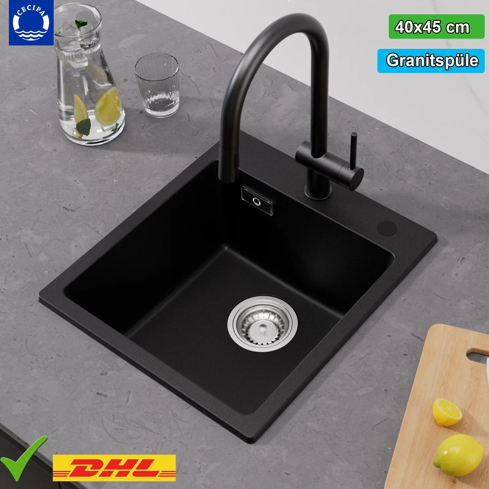 Granitspüle Küchenspüle Einbauspüle Granit Spülbecken mit Siphon Küchenarmatur 