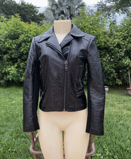 Rosa Cha Black Faux Leather Shimmering Crackle Zipper Details Jacket Sz 36