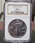 Bu 1989 American Silver Eagle Dollar Coin NGC Ms69 Certified 999 Fine Bullion