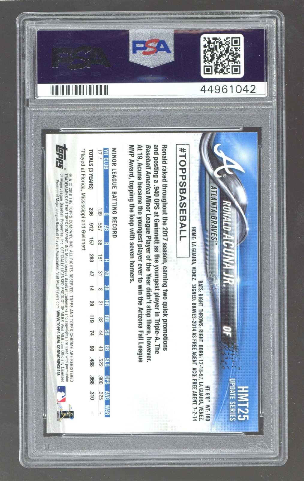 2018 Topps Chrome Update #HMT25 Ronald Acuna Jr. PSA 10 ROOKIE RC view 2