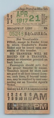 B.Q.Co. & S.R.R.Co. Apr 21 1917 Broadway Line Crosstown Wyckoff Ave Transfer