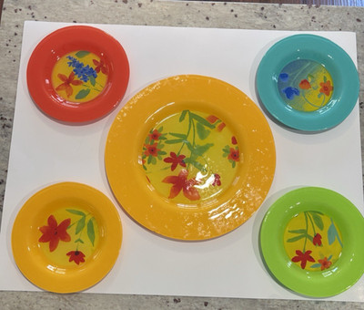 Dibbern Germany Floral Hand Painted Glass Salad Plates & Large Serving Platter