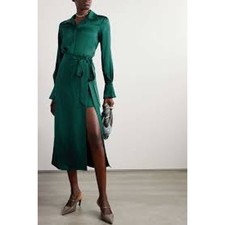 SIMKHAI Jonathon Simkhai Samba Wrap-effect Satin Midi Shirt Dress in Emerald 2