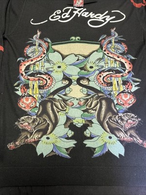 Ed Hardy Christian Audigier Scoop Neck Pullover Sweater Black Red Tattoo XXL NEW