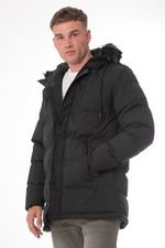 Soul Star Mens Black Puffer Jacket Fur Hood Quilted Winter Coat Warm Zip Up