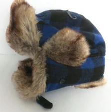 WINTER AVIATOR TRAPPER HAT CAP ROYAL BLUE & BLACK BUFFALO PLAID SIZE L/XL NWT