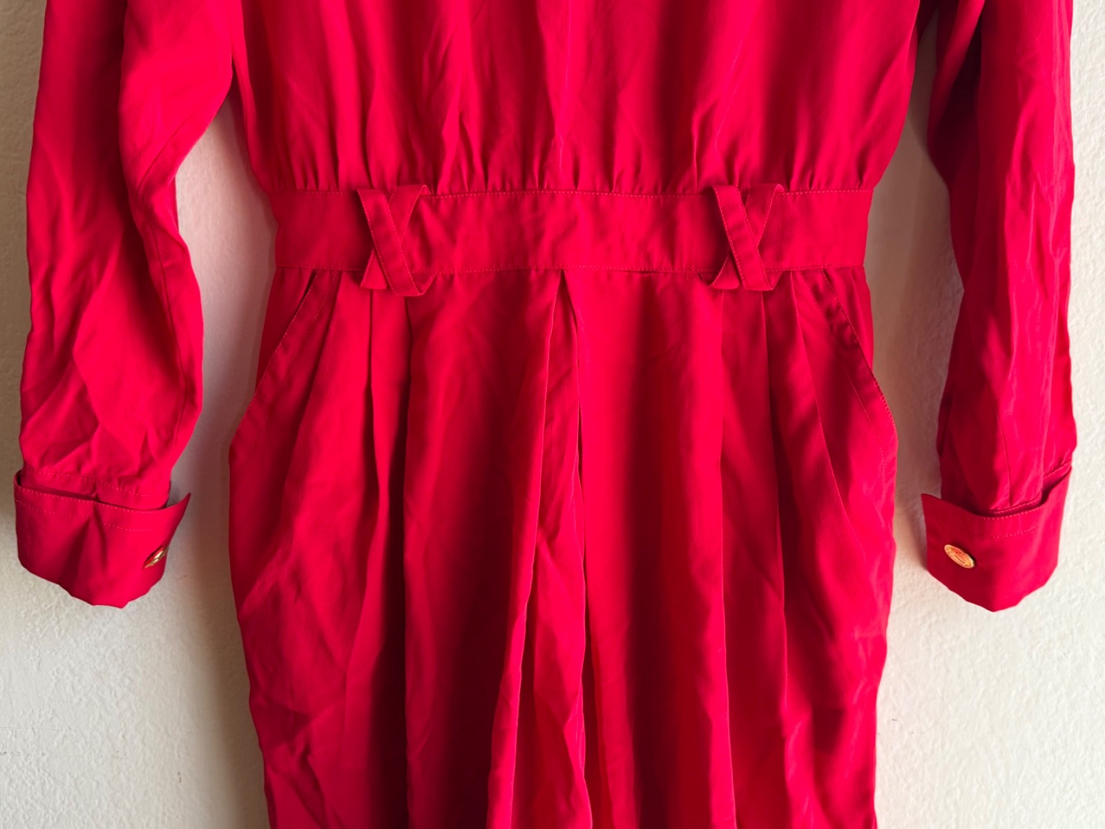 Rare Vintage Maggy London 80s Cherry Red Silk Casual Long-Sleeve Dress Size 8 image 8