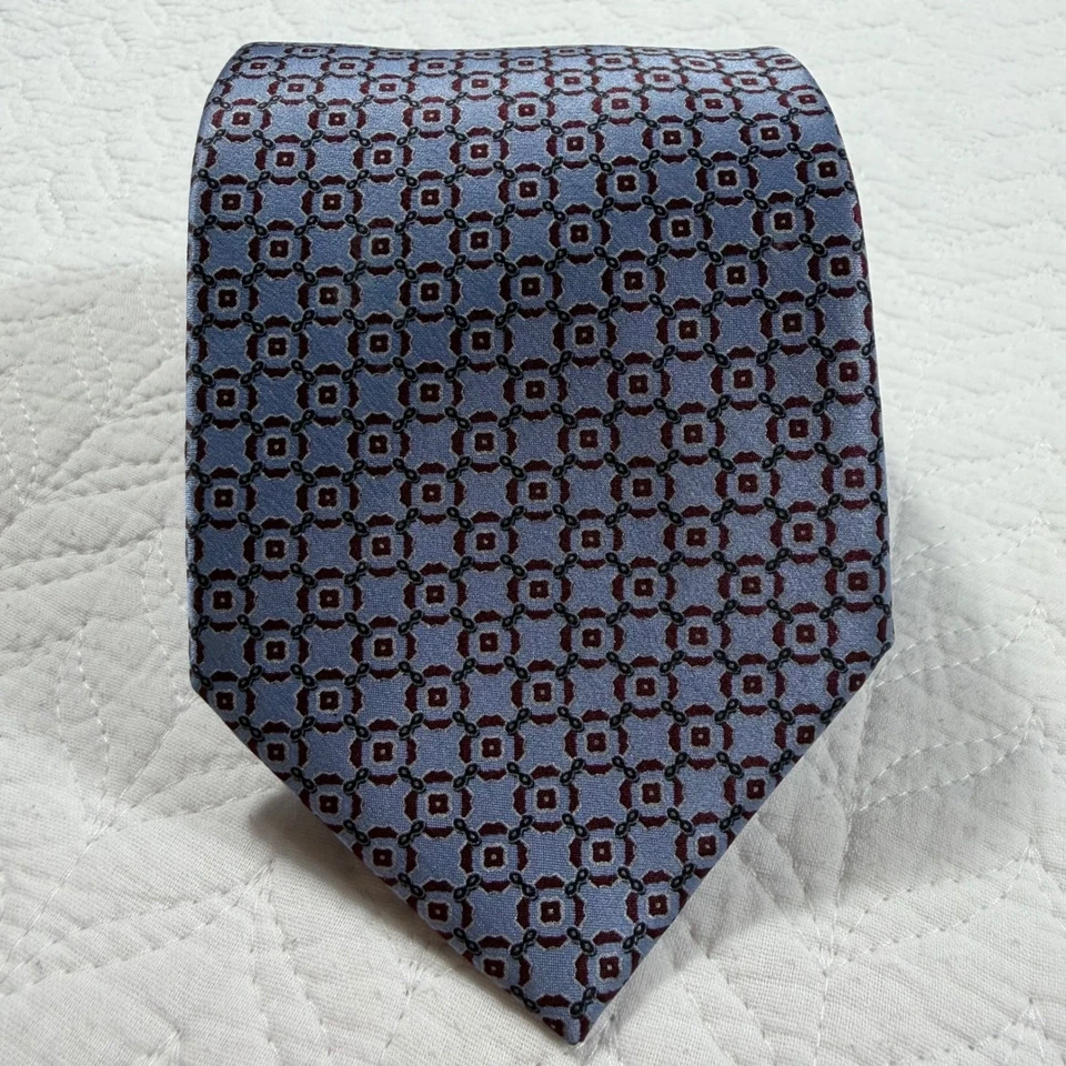 Brioni 100% Silk Tie Blue Burgundy Geometric Pattern Hand Made in Italy Mens - Image 3 of 4