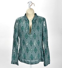 Tory Burch Graphic Diamond Cotton Henley Tunic Blouse Sequin Size S
