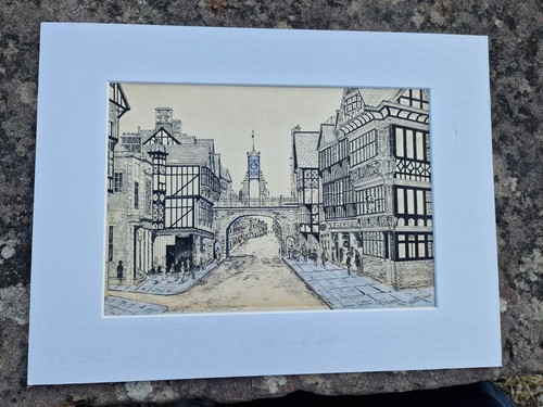 Original Signed Pen & Ink Watercolour Drawing East Gate Chester Clock, Mounted