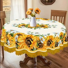 1 Piece of Sunflower Pattern Printed Themed Round and Rectangular Tablecloth, Va