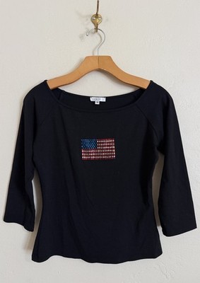 Vtg Y2K CACHE Women's Blouse Top Black Boat Neck Rhinestone USA Flag Sz M