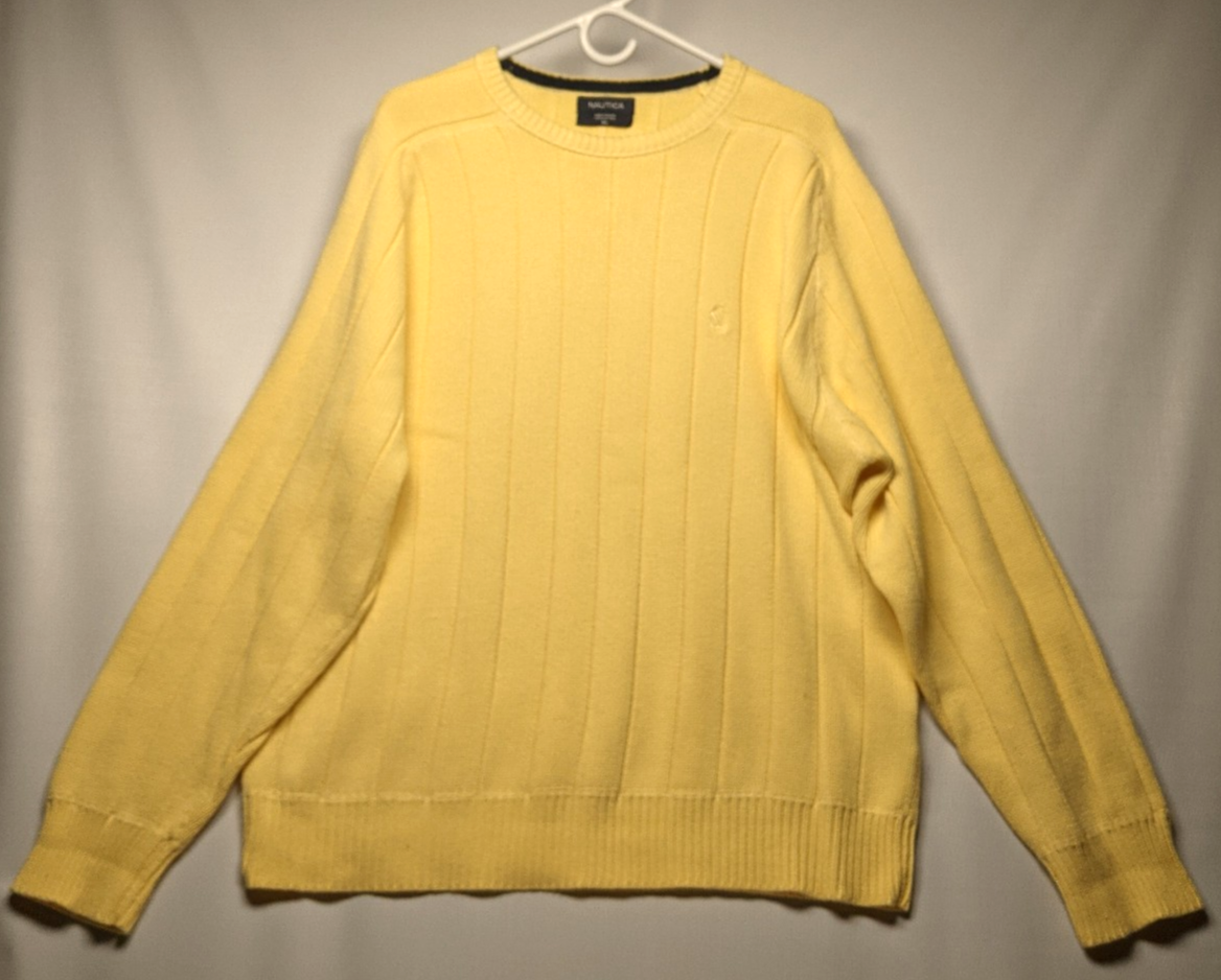 Nautica Yellow Cable Knit Crewneck Cotton Pullover Preppy Sweater