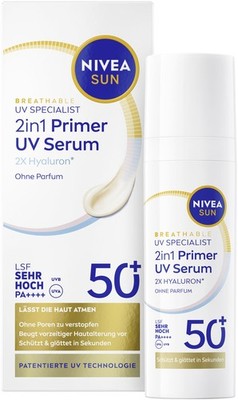 NIVEA SUN 2in1 Primer Daily UV Serum LSF 50+, parfümfreie Sonnencreme White 