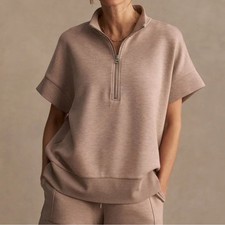 Varley Ritchie DoubleSoft Short Sleeve Sweatshirt Taupe Marl Small Loungewear