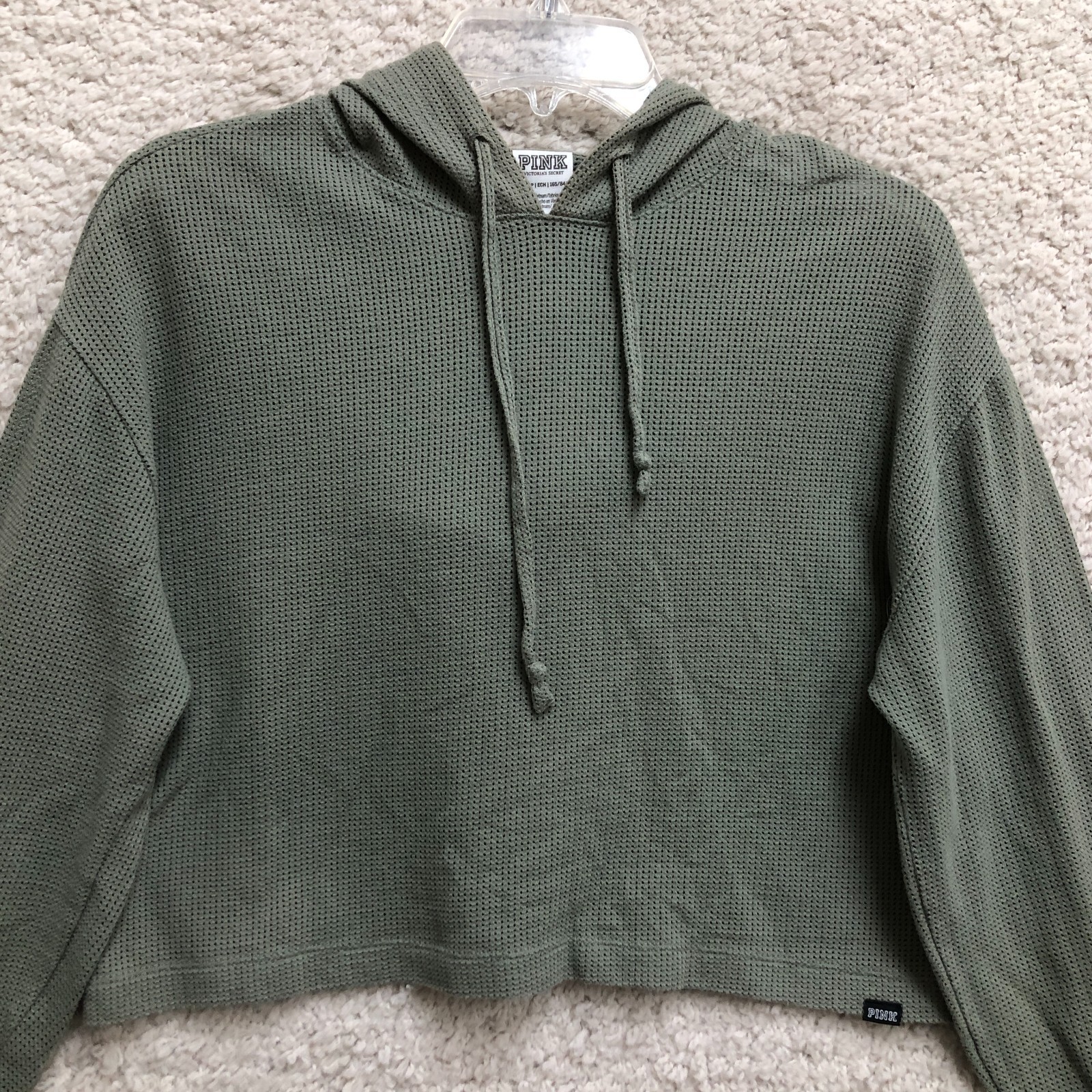 PINK Victorias Secret Sweater Extra Small Womens Green Open Knit Crop Hooded XS