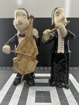 Rare Ceramic Musicians Playing Cello and Flute in Black Suits Red Bow Tie Signed