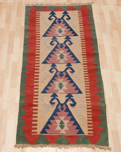 Geometric Turkish Kilim Runner Rug - Wall Hanging Decor - Turquoise Wall Art - Picture 1 of 4